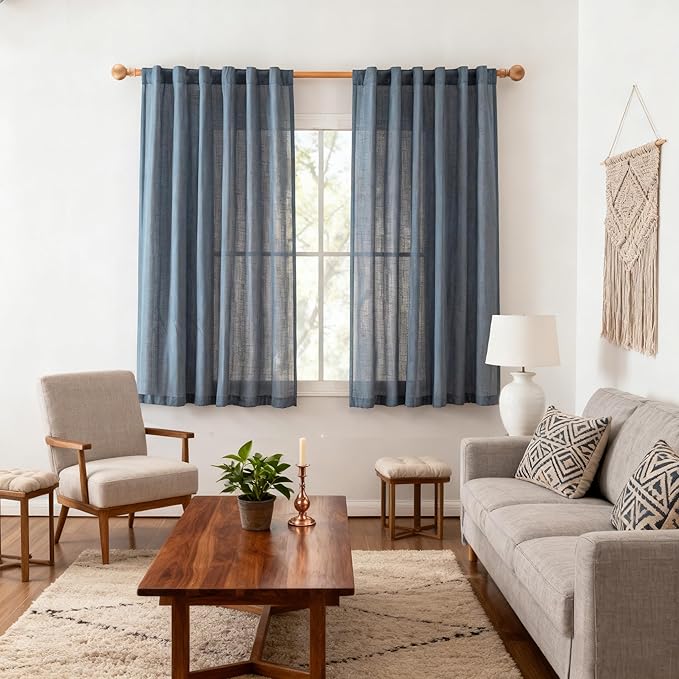 MYSKY HOME Short Semi Sheer Blue Curtains for Bedroom 63 Inches Long Light Filtering Privacy Drapes for Small Window Boho Home Decor Curtain for Dining Room, 50" x 63", Dusty Blue, 2 Pieces