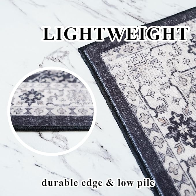 Hallway Washable Runner Rug - 2x6 Kitchen Rugs Entryway Rug Runner Vintage Soft Floor Mat Non Slip Indoor Farmhouse Carpet for Bathroom Living Room Bedroom (2 X 6, Black)