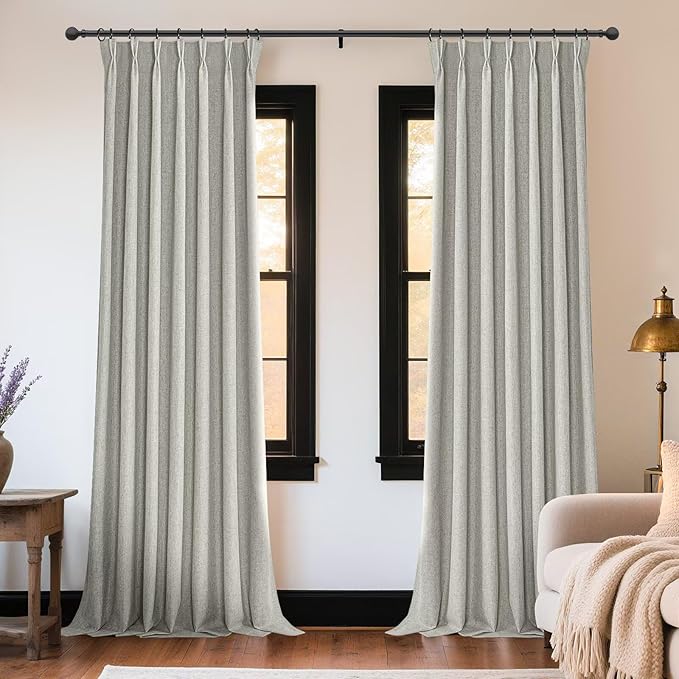 Joydeco Greyish White Pinch Pleated Thick Linen Curtains 84 Inch Long 2 Panel Set for Living Room, Double-Faced Curtain for Bedroom, Back Tab Blackout Drapes with Adjustable Hooks (40”W x84”L)