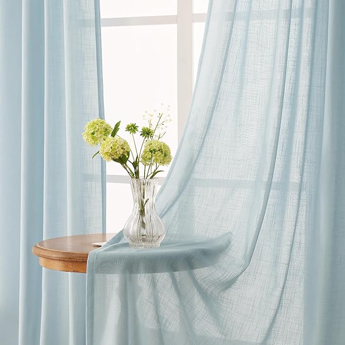 Sky Blue Curtains 90 inch Length for Bedroom Back Tab Light Filtering Semi Sheer Blue Living Room Curtains Linen Cotton Textured Drapery Panel Aesthetic Decor Light Blue 52x90