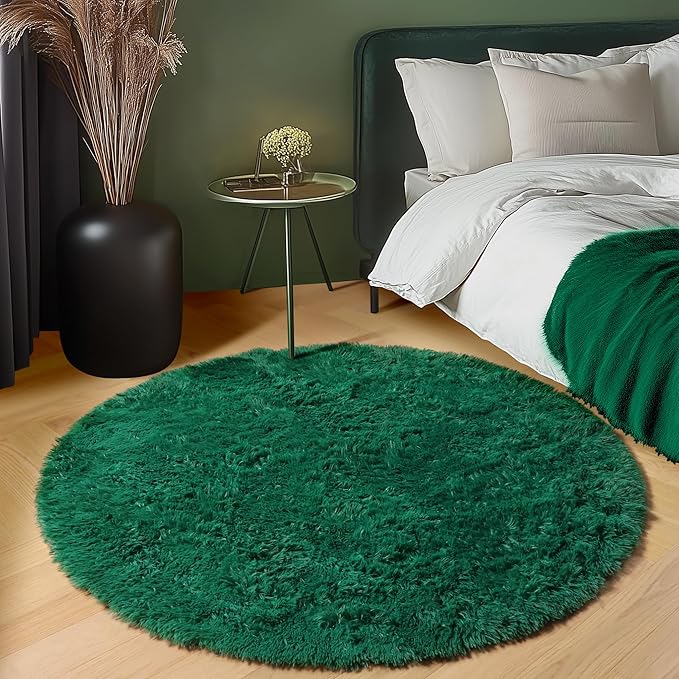 ONASAR Dark Green Round Area Rug 4ft, Soft Bedroom Circle Rugs for Kids Girls Teen Room, Cute Furry Plush Shaggy Carpet for Baby Nursery Living Room Playroom Dorm Christmas Home Decor