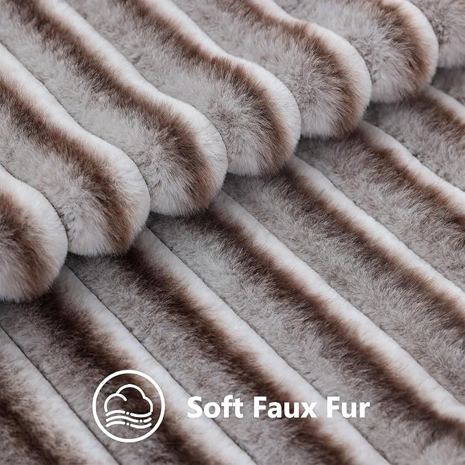 decorUhome Cozy Faux Fur Throw Pillow Covers 12x20 Set of 2 Decorative Soft Plush Striped Lumbar Modern Farmhouse Boho Couch Pillow Cases with Velvet Back for Sofa Bed Living Room, Brown White