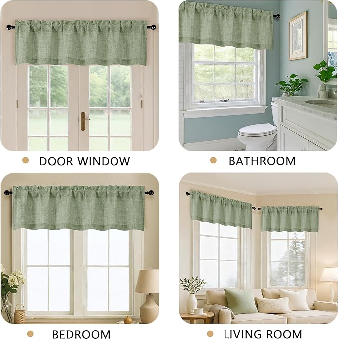 OVZME Green Valance for Windows, Light Filtering Faux Linen Textured Small Short Valance Kitchen Curtain, Dual Rod Pocket Top Short Window Curtain for Bathroom Basement Farmhouse, 1 Piece, 60Wx14L