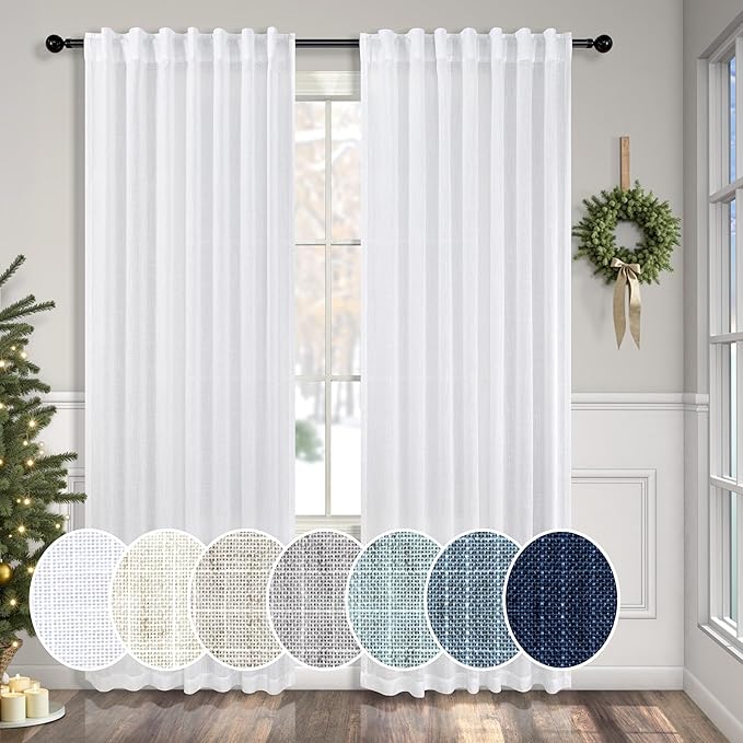 Pitalk White Curtains 78 Inches Long for Sliding Glass Door 2 Panels Set Rod Pocket Tab Modern Farmhouse Semi Sheer Flax Linen Drapes Light Curtains for Living Room Pinch Pleated Look 52 x 78 Length
