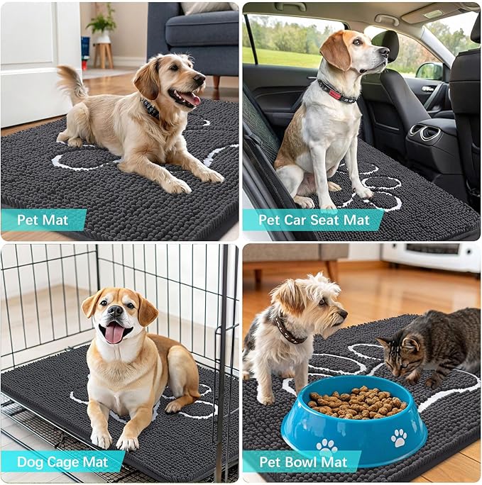 OLANLY Dog Door Mat for Muddy Paws 59x32, Paw Print Design, Absorbs Moisture and Dirt, Absorbent Non-Slip Washable Doormat, Quick Dry Chenille Mud Mat for Dogs, Entry Indoor Entryway Carpet, Dark Grey