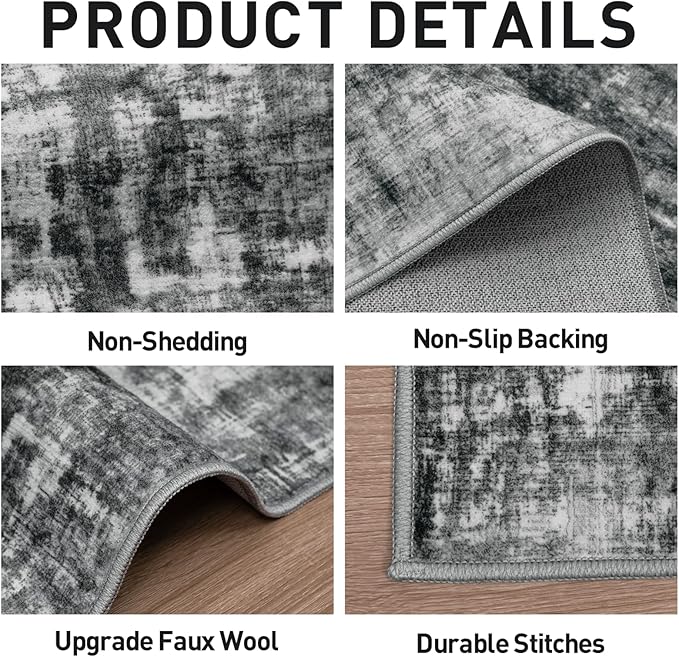 5x7 Area Rugs Washable Rug: Modern Abstract Living Room Rug Soft Anti-Skid Thin Carpet Indoor Floor Non-Shedding Carpets for Bedroom Dining Room Farmhouse Nursery Home Office - Black