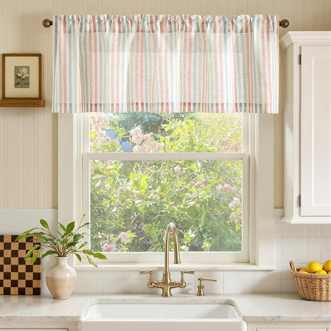 jinchan Valance Curtain Linen Textured Striped Window Curtain for Living Room Light Filtering Farmhouse Valance for Kitchen Rod Pocket 1 Panel 16 Inch Candy on Linen 1 Panel