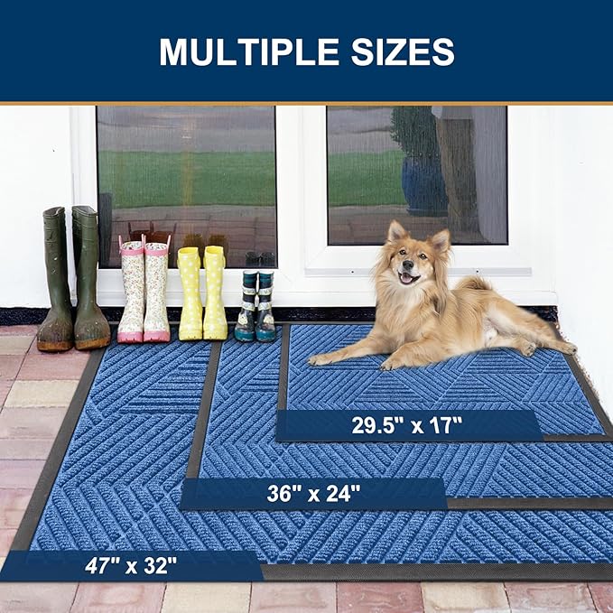 Smiry Front Door Mat Outside Entrance, Heavy Duty Sturdy Natural Rubber Doormat, Trap Dirt and Moisture, Easy Clean Low Profile Mats for Indoor Outdoor Entry, Irregular Triangle (71x47, Blue)