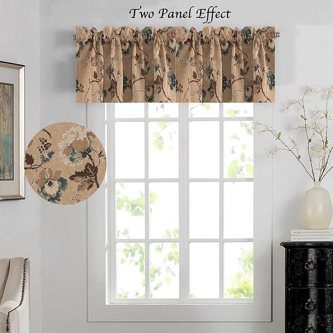 H.VERSAILTEX Blackout Curtain Valances for Kitchen Window/Living Room/Bathroom Privacy Added Rod Pocket Home Decoration Winow Valance, 52" W x 18" L, Floral in Brown and Blue