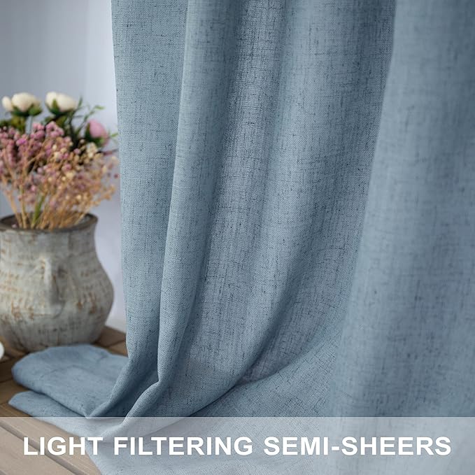 Blue Linen Curtains 84 Inch Length for Living Room 2 Panels Set Back Tab Rod Pocket Light Filtering Semi Sheer Grey Blue Curtains for Bedroom Country Farmhouse Stone Dusty Blue Gray Drapes 52x84 Long