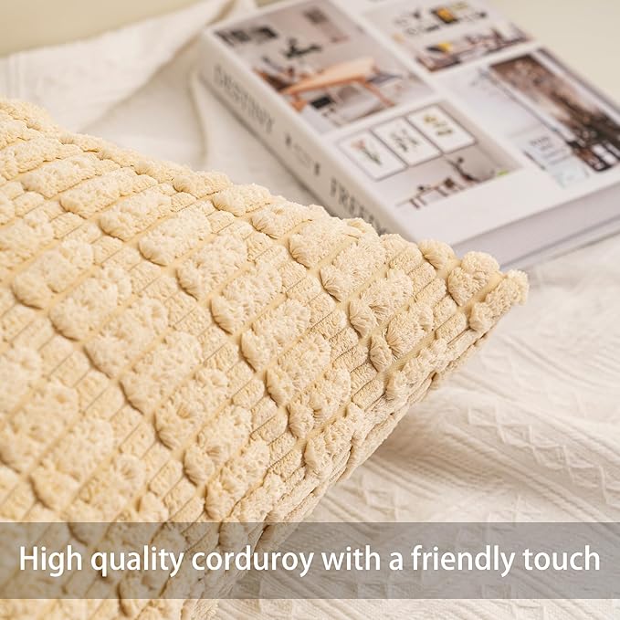 Pack of 2 Corduroy Decorative Throw Pillow Covers 12x20 InchSoft Boho Striped Pillow Covers Modern Farmhouse Home Decor for Sofa Living Room Couch Bed(Beige)