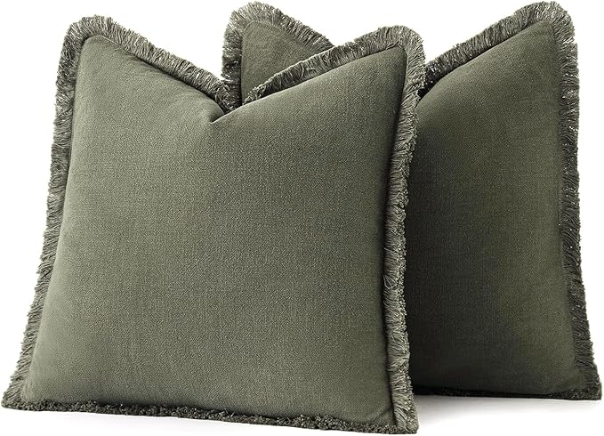 MIULEE Decorative Throw Pillow Covers Neutral Linen Fringe Throw Pillows Set of 2 Olive Green Boho Farmhouse Cushion Covers with Tassels for Couch Sofa Bed Living Room Spring Home Decor 18x18 Inch