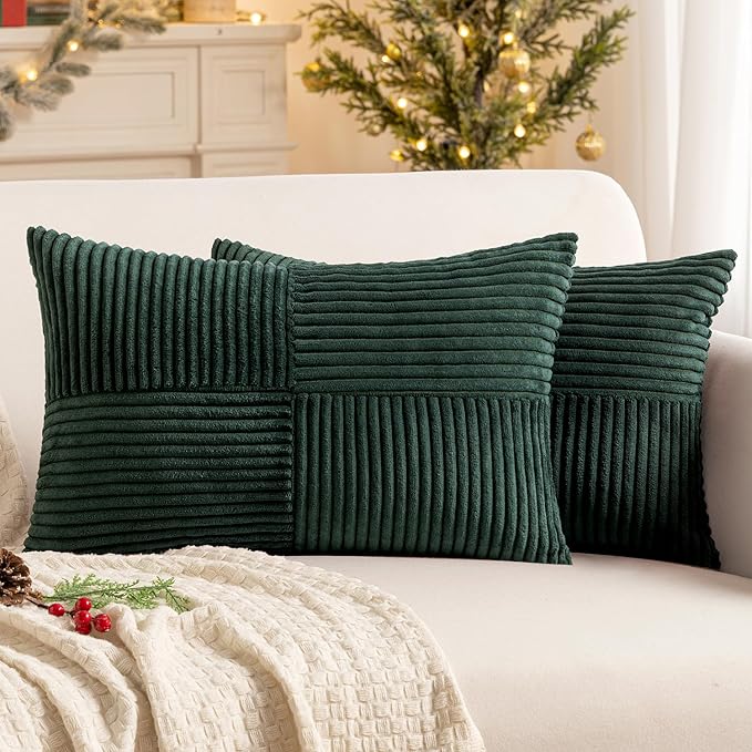 MIULEE Army Green Decorative Lumbar Throw Pillow Covers 12x20 Inch for Couch Bed Sofa Pack of 2 Boho Farmhouse Throw Pillows Soft Cross Corduroy Patchwork Textured Cushion Cases