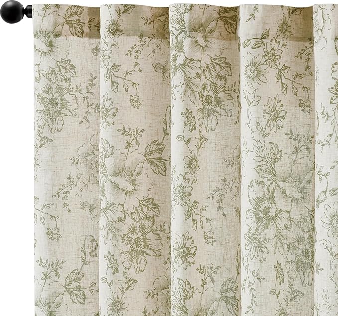 jinchan Linen Blend Floral Curtains for Living Room 96 Inch Length Farmhouse Printed Curtain Rod Pocket Back Tab Sage Green Peony Flower Patterned Drapes Bedroom Curtains Set 2 Panels