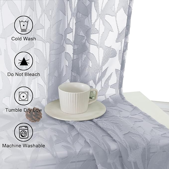 Lecloud Leia Light Grey Sheer Curtains 84 Inches Long 2 Panels, Semi Sheer Jacquard Leaves Textured Double Rod Pockets Window Curtains, Airy Durable Gauzy Drapes for Bedroom, 40 W x 84 L