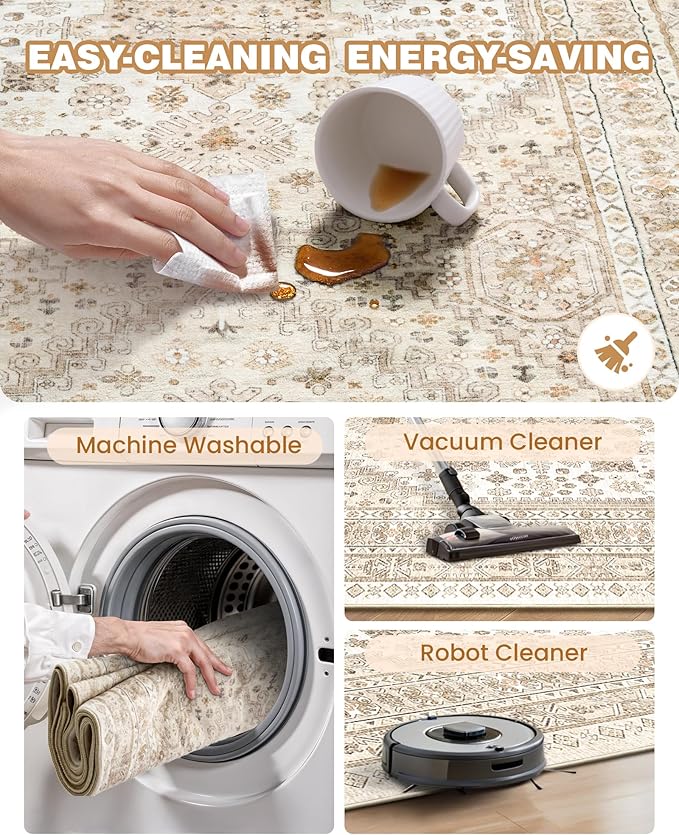 Washable Runner Rug 2.5x16, Non-Slip Long Kitchen Mats for Floor, Vintage Rug for Entryway, Soft Hallway Runner for Dining Room, Bedroom, Living Room(Cream/Beige,2.5'x16')