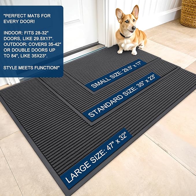 OLANLY Front Door Mat Indoor Outdoor Entrance, 2-Pack 33 x 21 Inch, Waterproof Heavy Duty Doormat, Fade Resistant, Low Profile, Easy Clean Patio Porch Welcome Floor Mats for Entry, Charcoal Grey