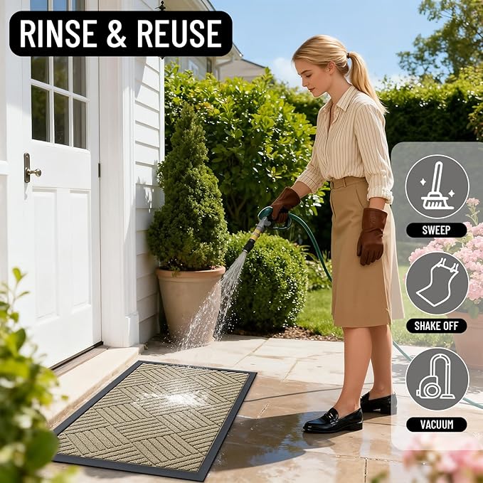 OLANLY Front Door Mat Outside Entrance 59x34, Absorbent, Heavy Duty Sturdy Natural Rubber Doormat Indoor Outdoor, Stain and Fade Resistant, Non-Slip Low Profile Floor Mat for Entryway, Beige Diamond