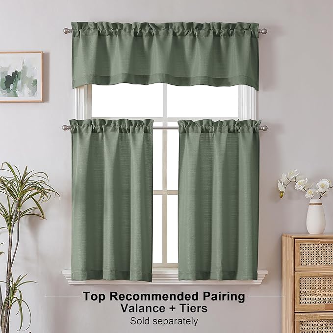 Chyhomenyc Sage Green Short Curtain Valance for Windows, Faux Linen Textured Half Window Curtains, Burlap Solid Topper Small Curtain Valance for Bathroom Laundry Basement, 60Wx20L Inch, 1 Piece