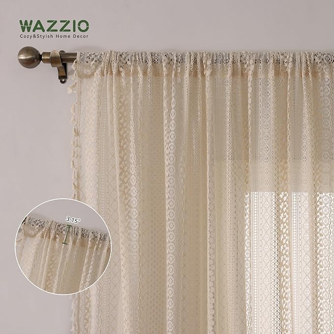 WAZZIO Boho Lace Curtains 45 Inches 2 Panel,Light Filtering Privacy Tassel & Geometry Crochet Semi Sheer Curtain Drapes for Bedroom Living Dining Room,Rod Pocket & Tassel,Vintage French Country,Beige
