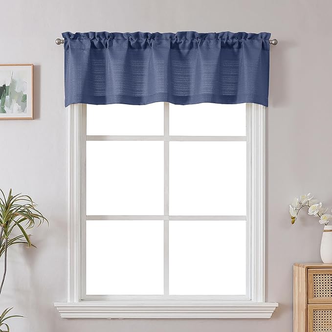 Chyhomenyc Blue Short Curtain Valance for Windows, Faux Linen Textured Half Window Curtains, Burlap Solid Topper Small Curtain Valance for Bathroom Laundry Basement, 60Wx18L Inch, 1 Piece