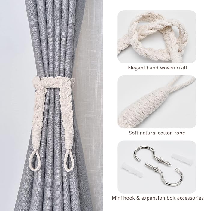 NICEEC 4 Pack Natural Cotton Rope Curtain Tiebacks Elegant Boho Style Decorative Drape Tie Backs Soft Hand-Woven Rope Curtain Holdbacks with Metal Hook for Home & Office Drapery (Beige)