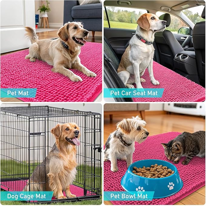 OLANLY Dog Door Mat for Muddy Paws 45x27, Absorbs Moisture and Dirt, Absorbent Non-Slip Washable Doormat, Quick Dry Chenille Mud Mat for Dogs, Entry Indoor Entryway Carpet for Inside Floor, Hot Pink