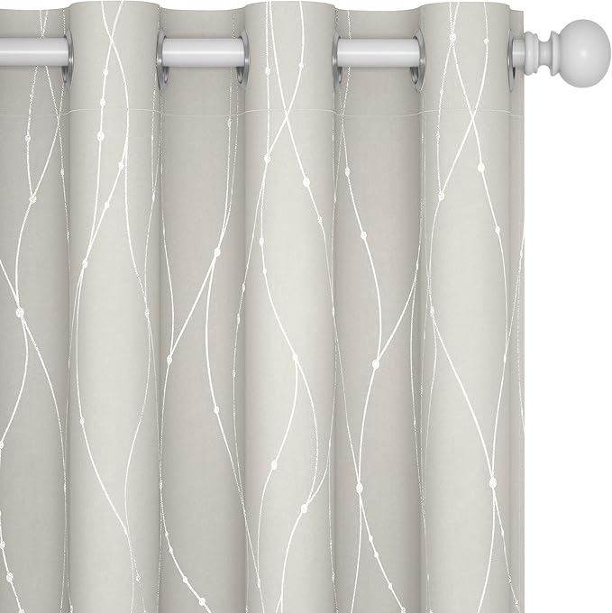 Deconovo Room Darkening Curtains, Farmhouse Boho Beige Curtain, Thermal Insulated Soundproof Drapes, Silver Wave Dots Print, 52 x 95 Inch Long, Machine Washable Panels for Nursery Bedroom, Set of 2