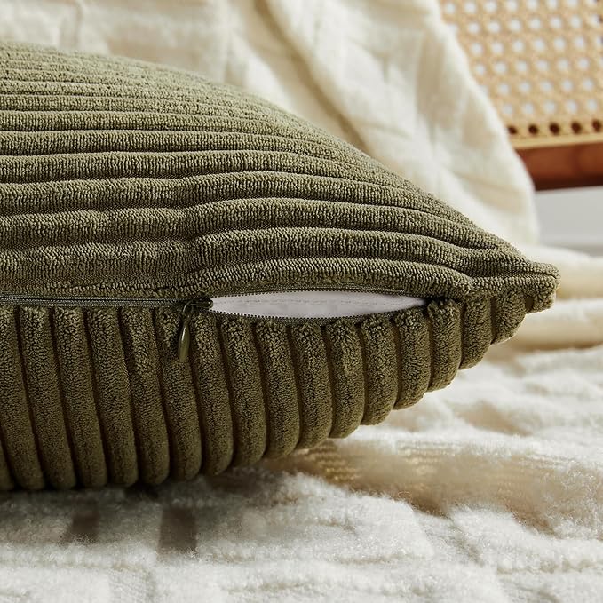 Fancy Homi 2 Packs Olive Green Lumbar Decorative Throw Pillow Covers 20x28 Inch for Living Room Couch Bed, Farmhouse Boho Home Decor, Soft Striped Corduroy Rectangle Accent Cushion Case 50x70 cm