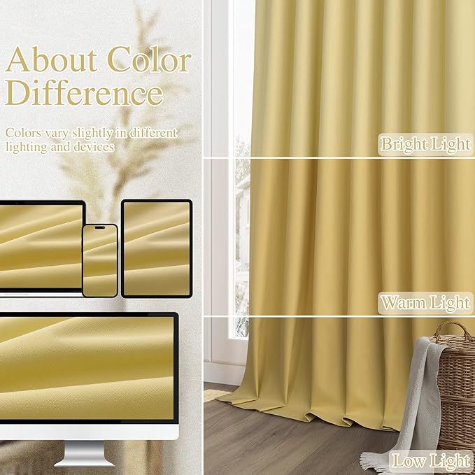 Guken Yellow 100% Blackout Linen Curtains 96 Inch Length 2 Panels Set for Living Room Bedroom Back Tab/Rod Pocket Thermal Insulated Black Out Drapes Room Darkening Window Curtains 96 Inches Long