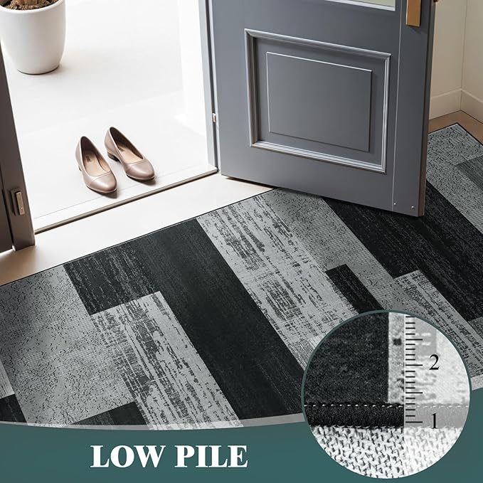 LIANLAM 3x5 Washable Area Rugs for Living Room and Bedroom, Vintage Checkered Pattern Non-Slip Carpet, Stain Resistant Low Pile Soft Rug for Dining Room,Office,Nursery,Kids Room(3x5,Gray)