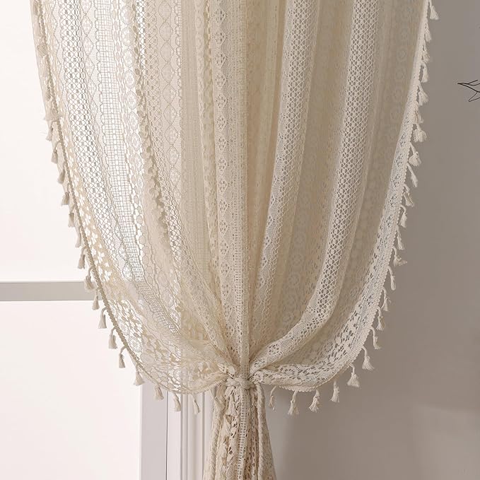 WAZZIO Boho Lace Curtains 102 Inch 2 Panel,Light Filtering Privacy Tassel & Geometry Crochet Semi Sheer Curtain Drapes for Bedroom Living Dining Room,Rod Pocket & Tassel,Vintage Farmhouse Decor,Beige