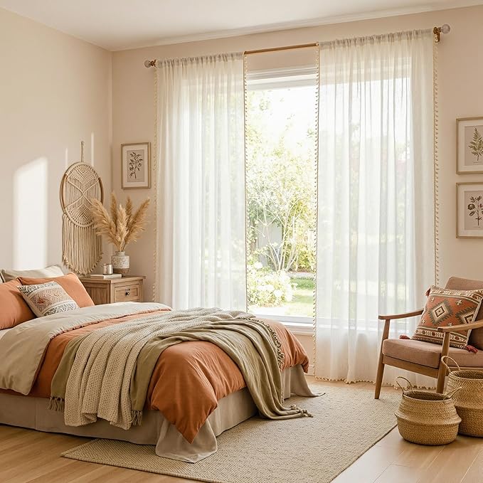 MYSKY HOME 96 Inch Length Farmhouse Semi Sheers Light Filtering Privacy Drapes for Sliding Glass Door, Bohemian Country Style Draperies with Tassel Back Tab, 50" W×96" L, Linen, 2 Panels