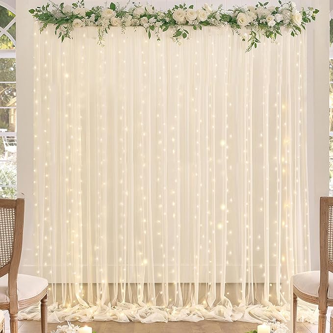 20ft x 15ft Champagne Tulle Backdrop Curtain for Parties Sheer Fabric Backdrop Curtains for Wedding Baby Shower Bridal Shower Birthday Photo Backdrop Drapes Background Decorations 4 Panels 5ft x 15ft