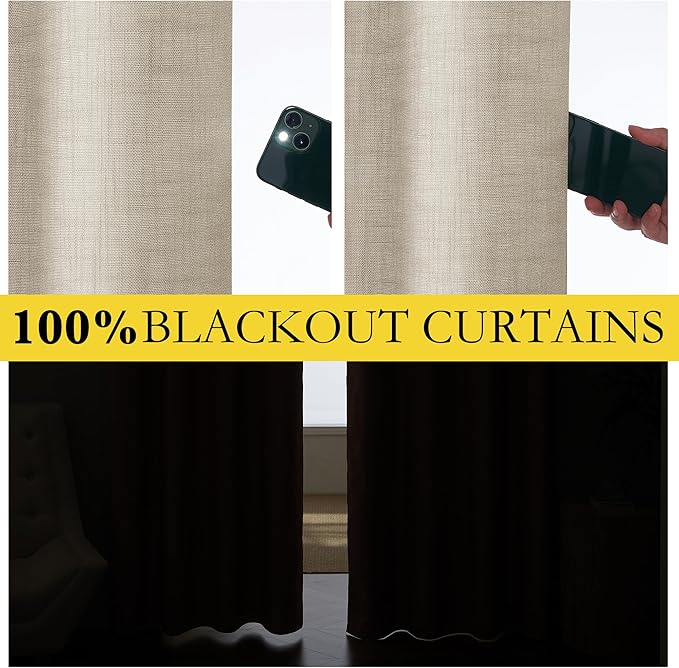 NICETOWN Taupe 100% Blackout Linen Curtains 90 inch Long Burg, Farmhouse Thick Completely Blackout Window Treatment Panels Thermal Insulated Drapes for Living Room (1 Pair, 52" Width Each Panel)