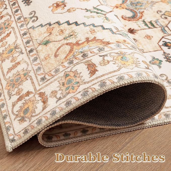 SERISSA Boho Area Rug 8x10 Light Yellow, Washable Large Rugs for Living Room, Ultra Soft Non-Slip Bedroom Rug Print Distressed Vintage Farmhouse Carpet Rug for Dining Room Dorm Office Home Decor