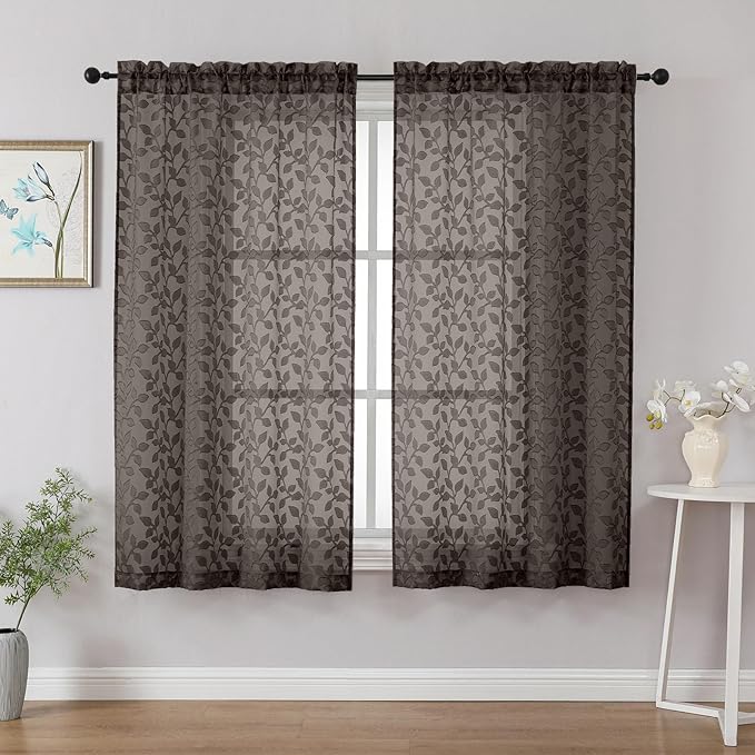Chyhomenyc Chocolate Sheer Curtains 54 Inch Length for Living Room 2 Panels Set, Light Filtering Tufted Textured Soft Airy Rod Pocket Leaf Window Treatment Drapes for Bedroom, 42" Wx54 L, 2PCS