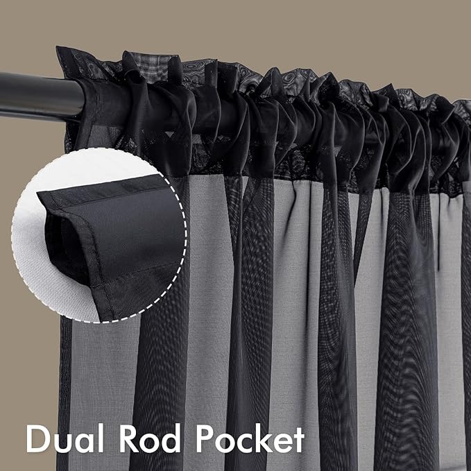 MIULEE Black Sheer Curtains 102 Inches Long 4 Panels Set, Light Filtering Rod Pocket Drapes for Living Room and Bedroom, Airy Soft Breathable Voile Window Treatments, 42W x 102 Inches