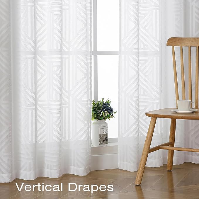 Simplebrand Semi Sheer White Curtains 90 Inches Long 2 Panels, Light Filtering Geometric Jacquard Clip Textured Sheer Curtains for Living Roon，Modern Elegant Window Curtains Drapes, 52x90 inch
