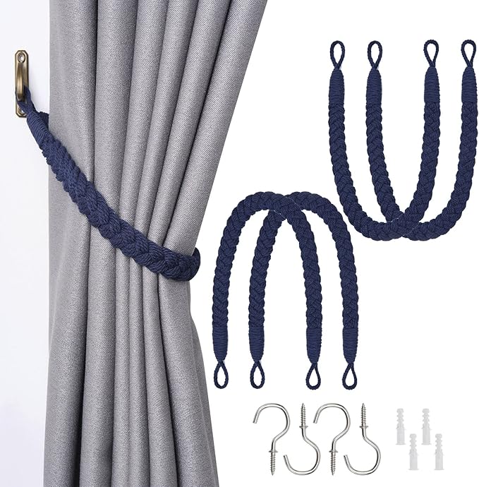 NICEEC 4 Pack Natural Cotton Rope Curtain Tiebacks Elegant Boho Style Decorative Drape Tie Backs Soft Hand-Woven Rope Curtain Holdbacks with Metal Hook for Home & Office Drapery (Dark Blue)