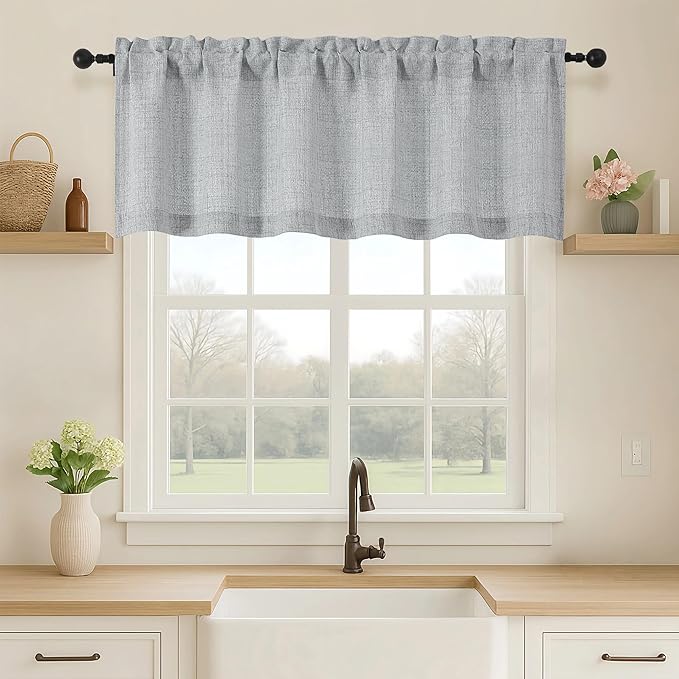 OVZME Grey Valance for Windows, Light Filtering Faux Linen Textured Small Kitchen Valances for Windows, Dual Rod Pocket Farmhouse Short Curtain for Bathroom Basement, 60Wx18L inch, 1 Piece