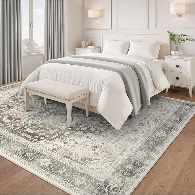 Rugflix 9x12 Area Rugs for Living Room, Machine Washable Rug Non Slip Stain Resistance, Large Rug Vintage Distressed Soft Carpet for Bedroom, Dining Room, Home Office, Beige Grey