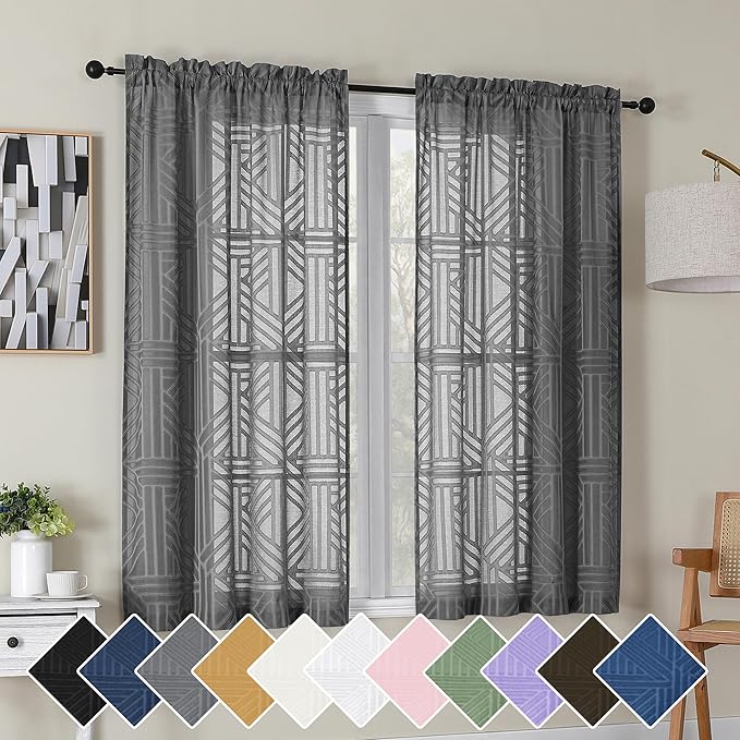 Simplebrand Grey Semi Sheer Curtains 54 Inch Length 2 Panels, Geometric Jacquard Clip Textured Short Sheer Curtains for Bedroom，Modern Elegant Window Curtains Drapes/Treatment Sheer，42x54 inch