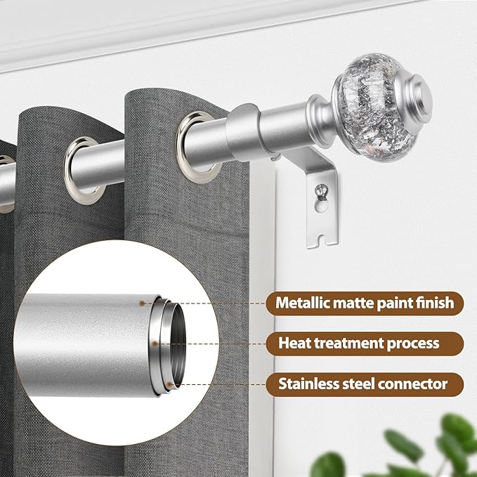 Curtain Rod 32 to 58 Inches (2.6-4.8ft), USFOOK 7/8 inch Telescoping Splicing Curtain rods for Windows 20 to 54 inches, Silver Decorative Drapery Rods for Home with Translucent Finials