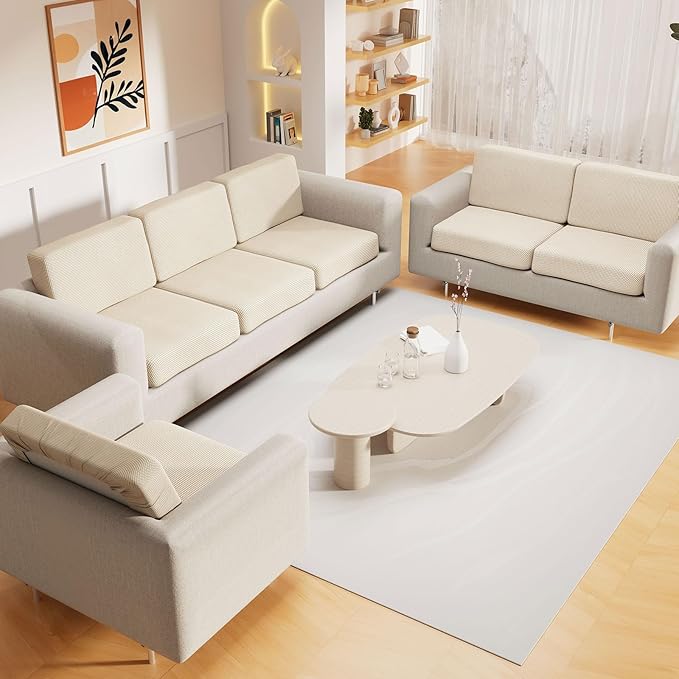 hyha Waterproof Couch Cushion Covers for Pets, Non Slip Sofa Seat Cover for Dogs Washable, Soft Thick Stretch Jacquard Fabric, Sofa Slipcovers with Elastic Bottom (1 Chaise+2 Seater, Light Beige)