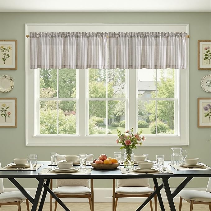 jinchan Valance Curtain Linen Textured Striped Window Curtain for Living Room Light Filtering Farmhouse Valance for Kitchen Rod Pocket 1 Panel 16 Inch Taupe Grey on Linen 1 Panel