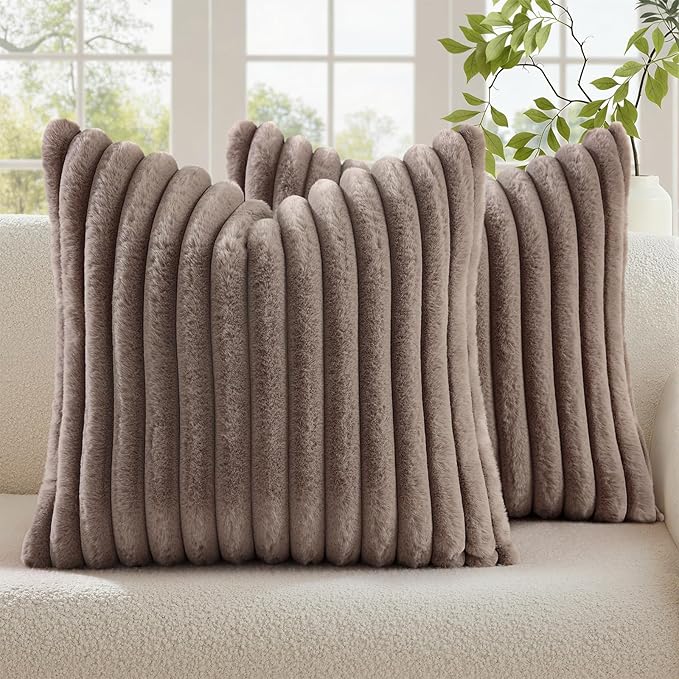 decorUhome Cozy Faux Fur Throw Pillow Covers 22x22 Set of 2 Decorative Soft Plush Striped Modern Farmhouse Boho Couch Euro Sham Pillow Cases with Velvet Back for Sofa Bed Living Roomr, Light Coffee