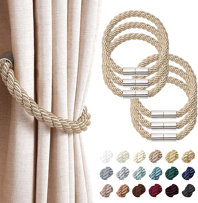 NICEEC 6 Pack Strong Magnetic Curtain Tiebacks Modern Simple Style Drape Tie Backs Convenient Decorative Weave Rope Curtain Holdbacks for Thin or Thick Home & Office Window Draperies (Khaki)