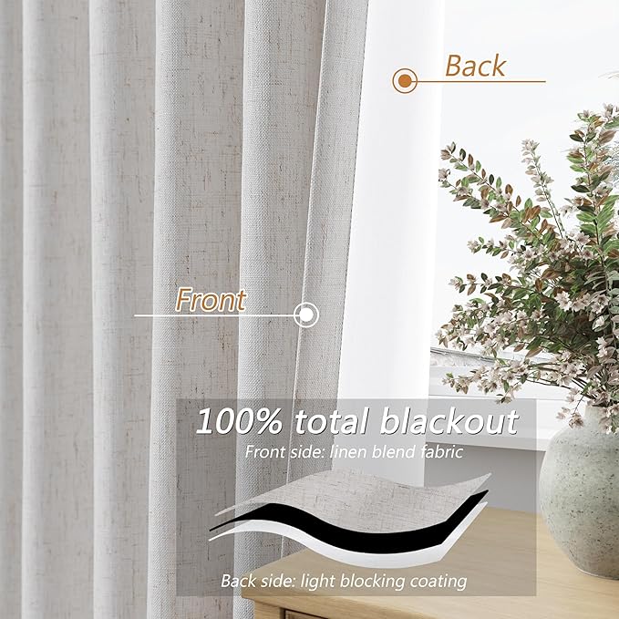 Guken 90 Inch Long Natural 100% Blackout Linen Curtains for Living Room Back Tab Rod Pocket Modern Farmhouse Thermal Insulated Drapes for Bedroom Black Out Window Curtain 2 Panels, 52x90