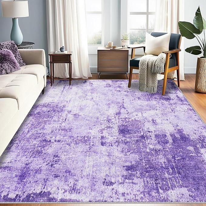 Washable Area Rugs 6'x9' Non-Slip Modern Abstract Soft for Living Room Entryway Bedroom Nursery, Print Pattern, Purple Gray Pink White